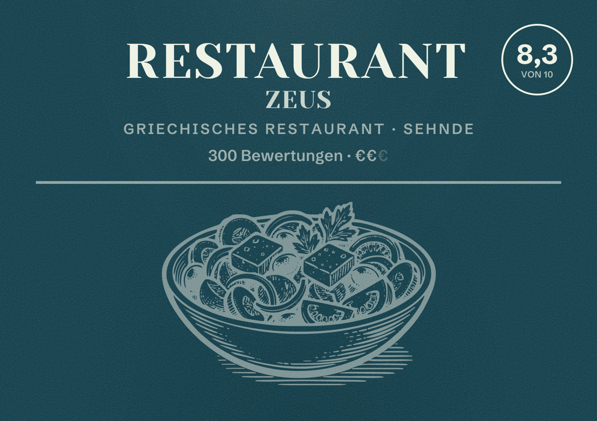 Illustriertes Poster von Restaurant Zeus, Griechisches Restaurant in Sehnde: Bewertung 8,3 von 10 aus 300 Bewertungen, Preisniveau €€