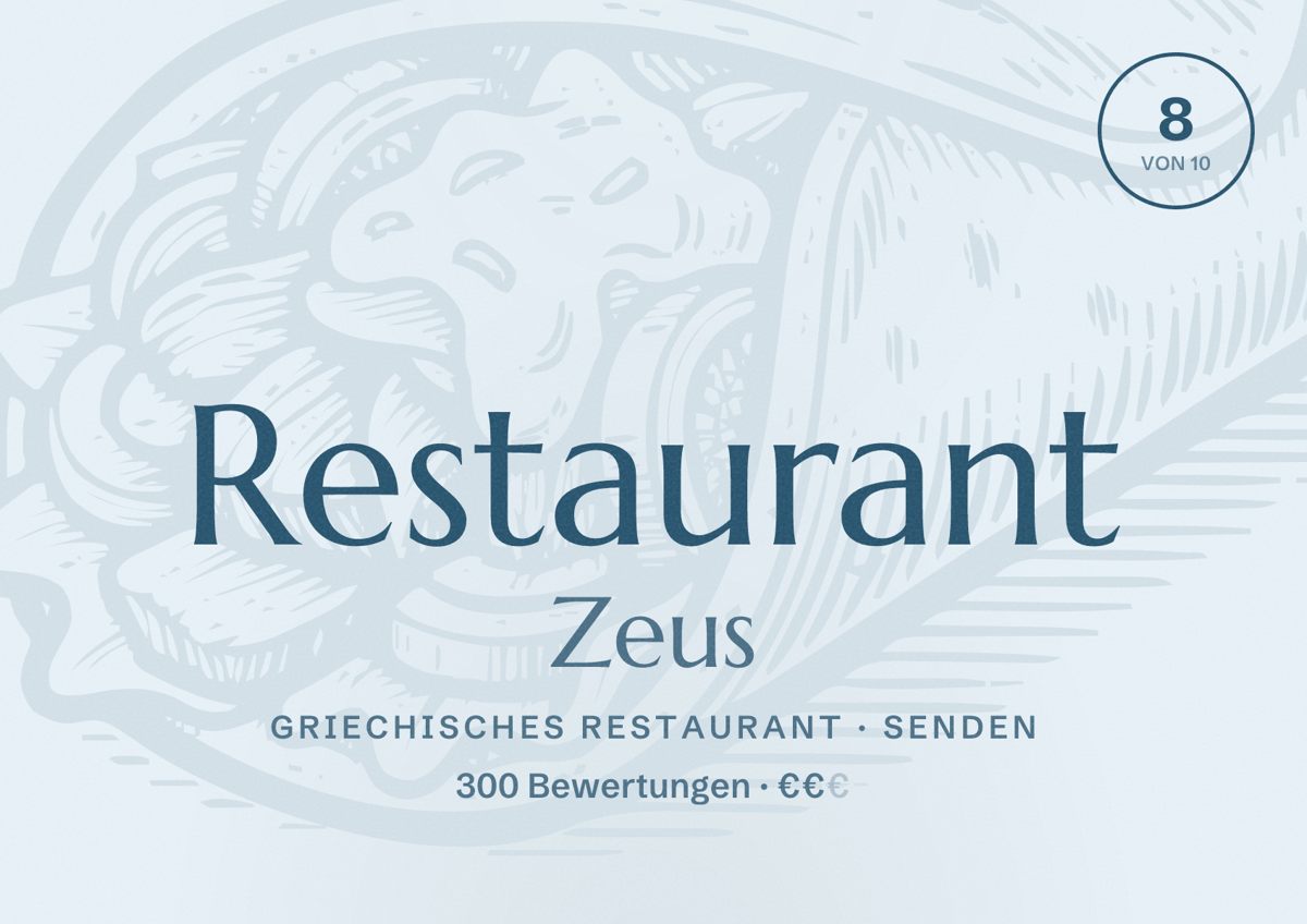 Illustriertes Poster von Restaurant Zeus, Griechisches Restaurant in Senden: Bewertung 8 von 10 aus 300 Bewertungen, Preisniveau €€