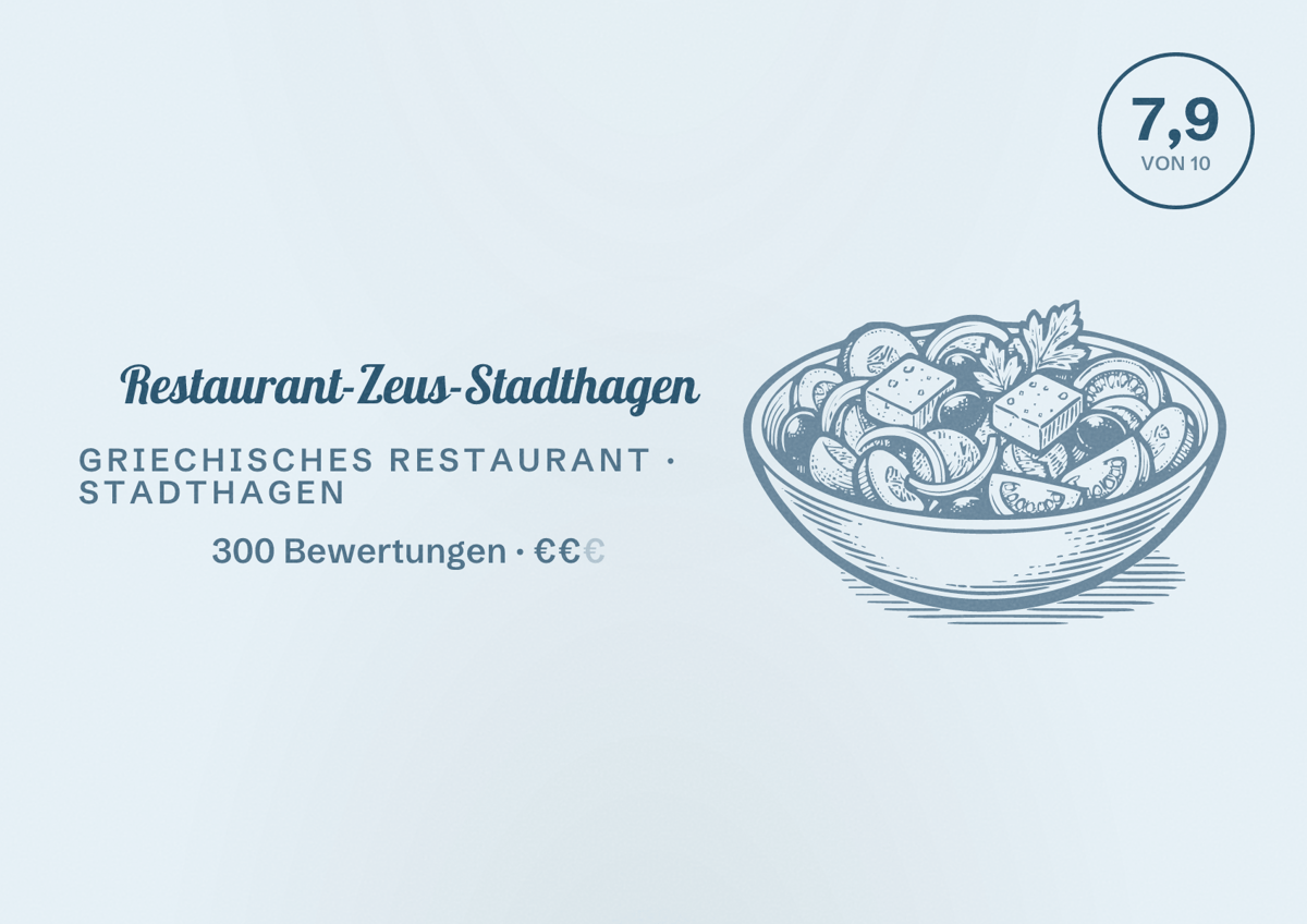Illustriertes Poster von Restaurant-Zeus-Stadthagen, Griechisches Restaurant in Stadthagen: Bewertung 7,9 von 10 aus 300 Bewertungen, Preisniveau €€