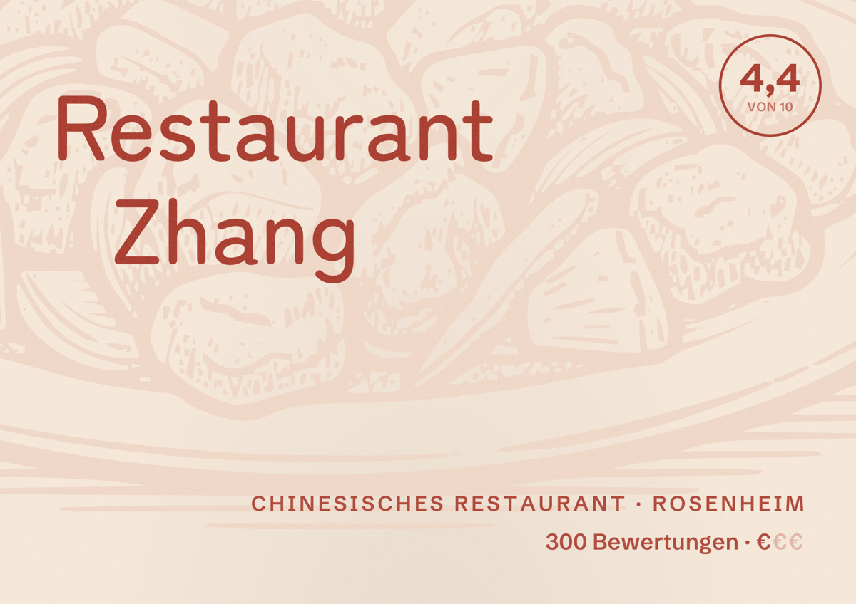 Illustriertes Poster von Restaurant Zhang, Chinesisches Restaurant in Rosenheim: Bewertung 4,4 von 10 aus 300 Bewertungen, Preisniveau €