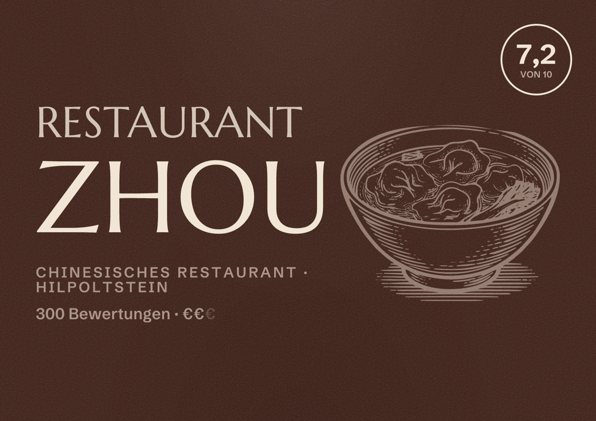 Illustriertes Poster von Restaurant Zhou, Chinesisches Restaurant in Hilpoltstein: Bewertung 7,2 von 10 aus 300 Bewertungen, Preisniveau €€