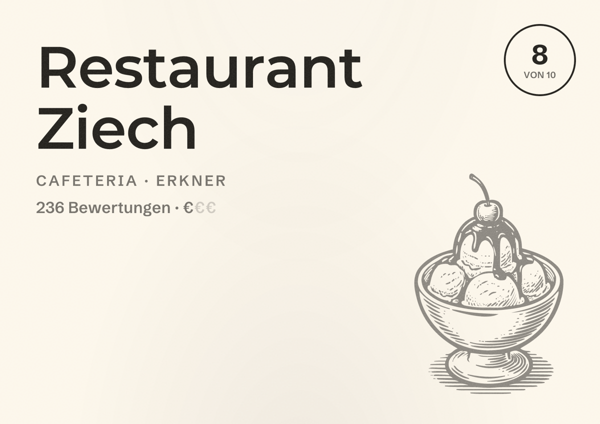 Illustriertes Poster von Restaurant Ziech, Cafeteria in Erkner: Bewertung 8 von 10 aus 236 Bewertungen, Preisniveau €