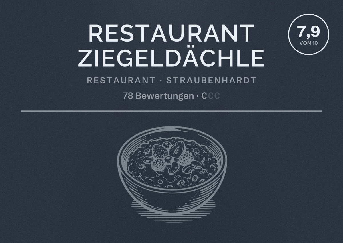 Illustriertes Poster von Restaurant Ziegeldächle, Restaurant in Straubenhardt: Bewertung 7,9 von 10 aus 78 Bewertungen, Preisniveau €