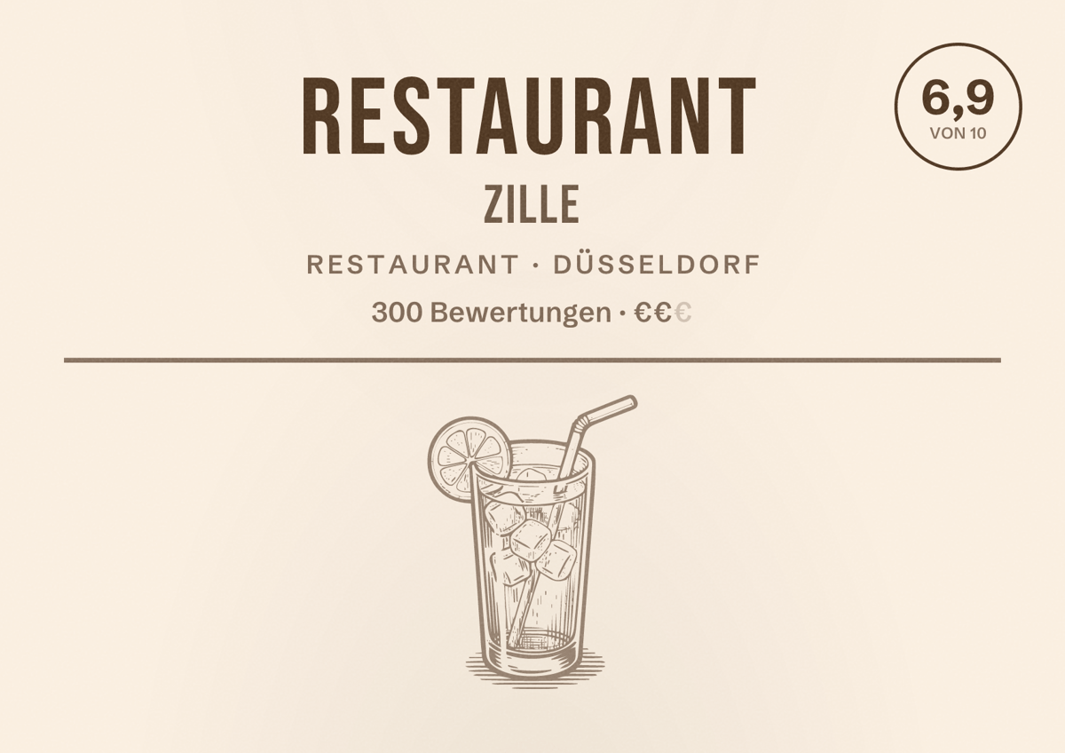 Illustriertes Poster von Restaurant Zille, Restaurant in Düsseldorf: Bewertung 6,9 von 10 aus 300 Bewertungen, Preisniveau €€