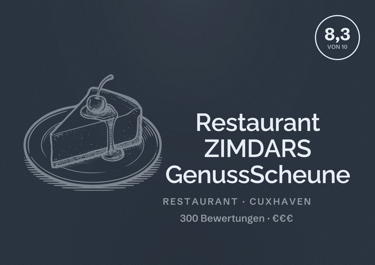 Illustriertes Poster von Restaurant ZIMDARS GenussScheune, Restaurant in Cuxhaven: Bewertung 8,3 von 10 aus 300 Bewertungen, Preisniveau €€€