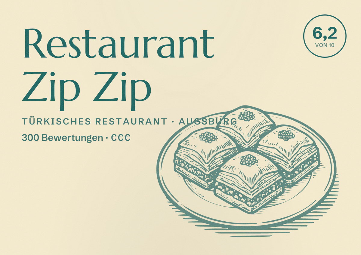 Illustriertes Poster von Restaurant Zip Zip, Türkisches Restaurant in Augsburg: Bewertung 6,2 von 10 aus 300 Bewertungen, Preisniveau €€€