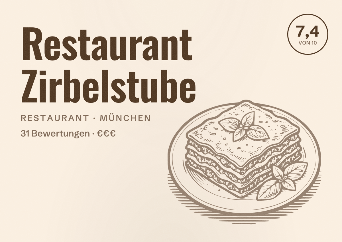 Illustriertes Poster von Restaurant Zirbelstube, Restaurant in München: Bewertung 7,4 von 10 aus 31 Bewertungen, Preisniveau €€€