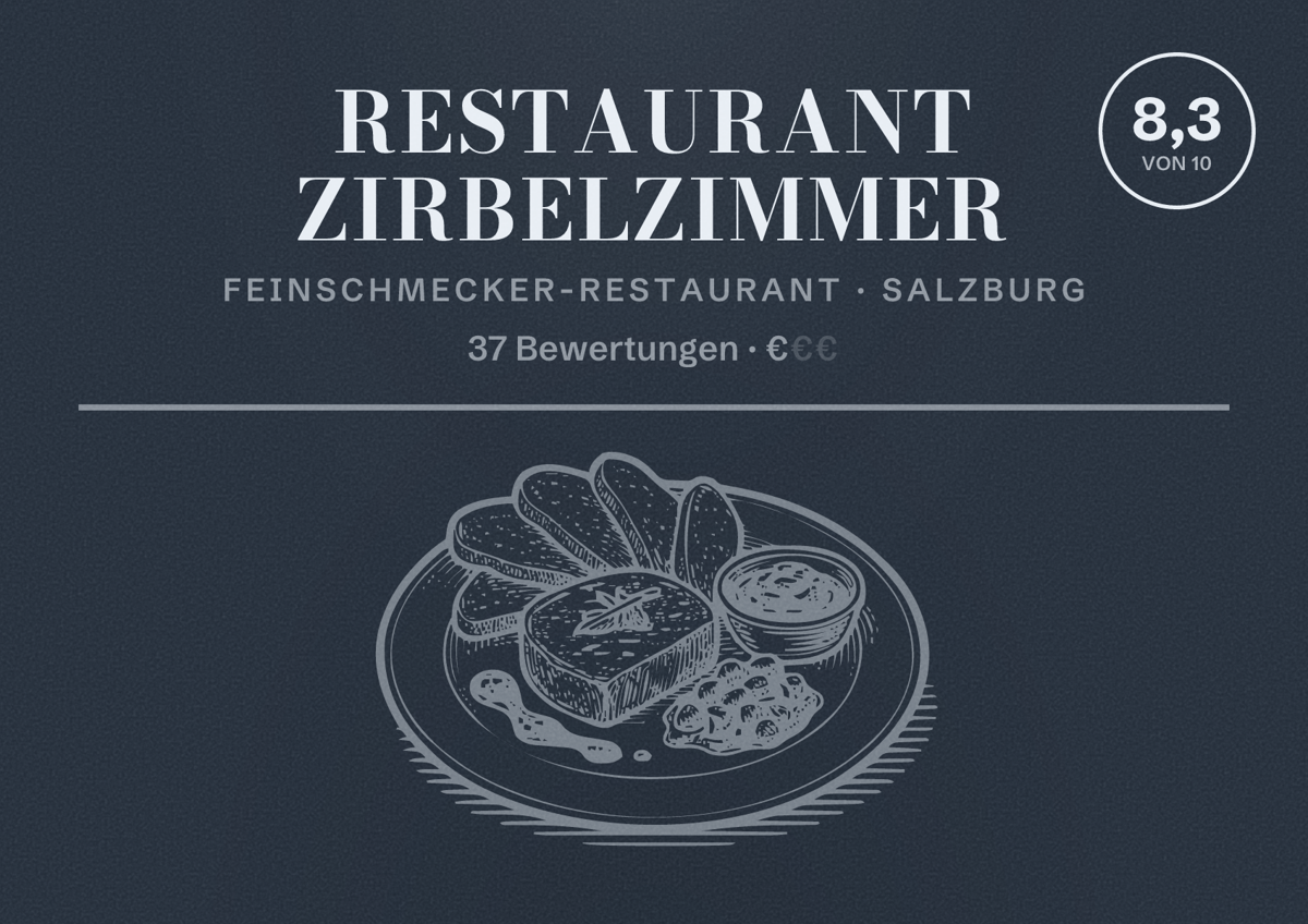 Illustriertes Poster von Restaurant Zirbelzimmer, Feinschmecker-Restaurant in Salzburg: Bewertung 8,3 von 10 aus 37 Bewertungen, Preisniveau €