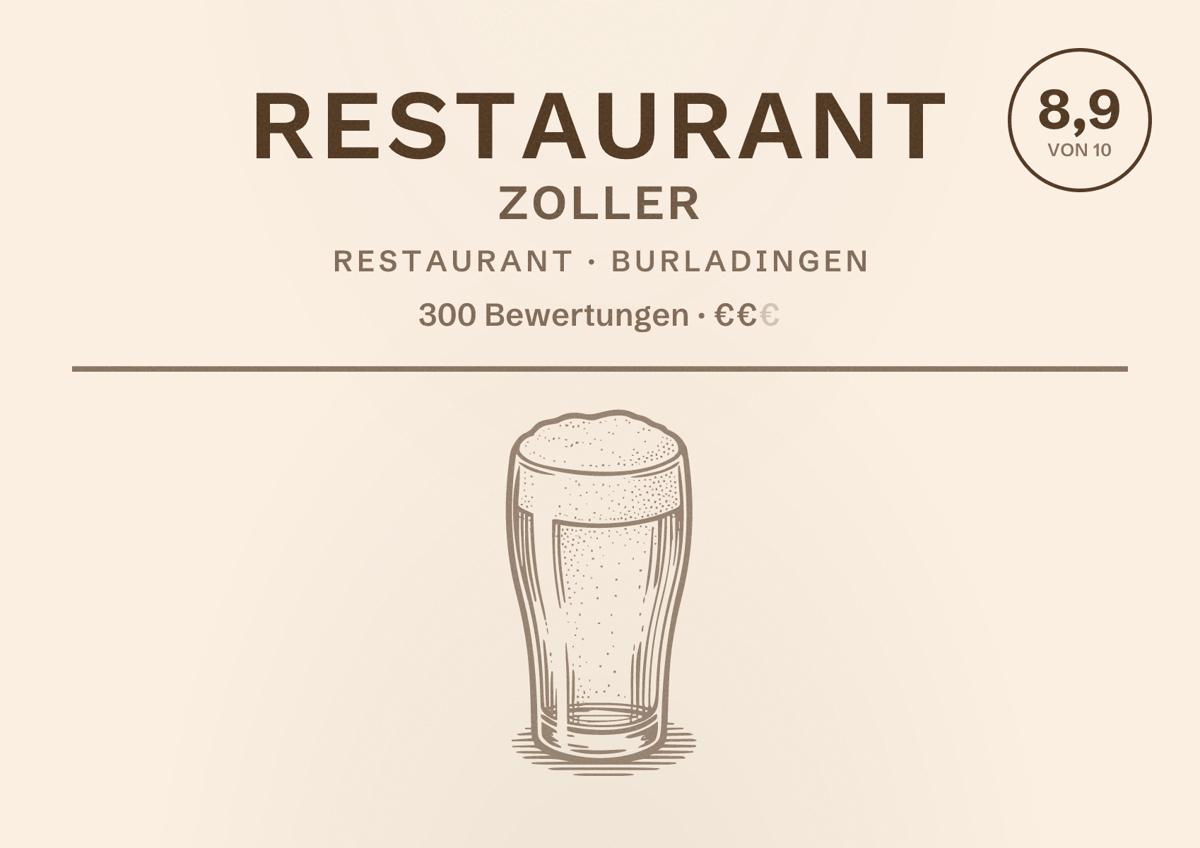 Illustriertes Poster von Restaurant Zoller, Restaurant in Burladingen: Bewertung 8,9 von 10 aus 300 Bewertungen, Preisniveau €€
