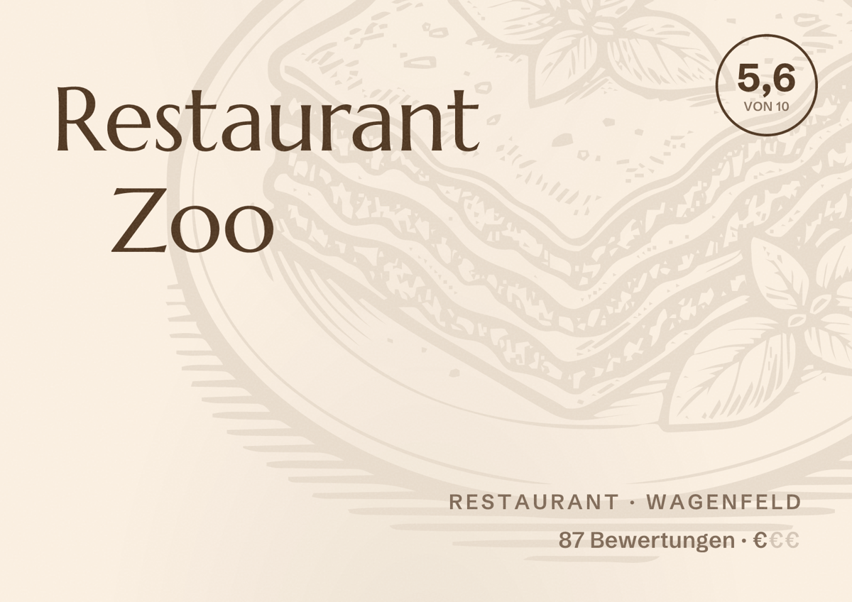 Illustriertes Poster von Restaurant Zoo, Restaurant in Wagenfeld: Bewertung 5,6 von 10 aus 87 Bewertungen, Preisniveau €