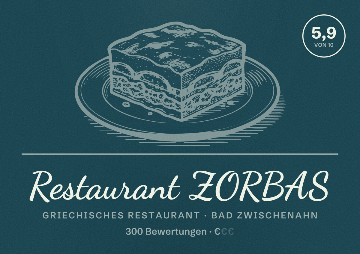 Illustriertes Poster von Restaurant ZORBAS, Griechisches Restaurant in Bad Zwischenahn: Bewertung 5,9 von 10 aus 300 Bewertungen, Preisniveau €