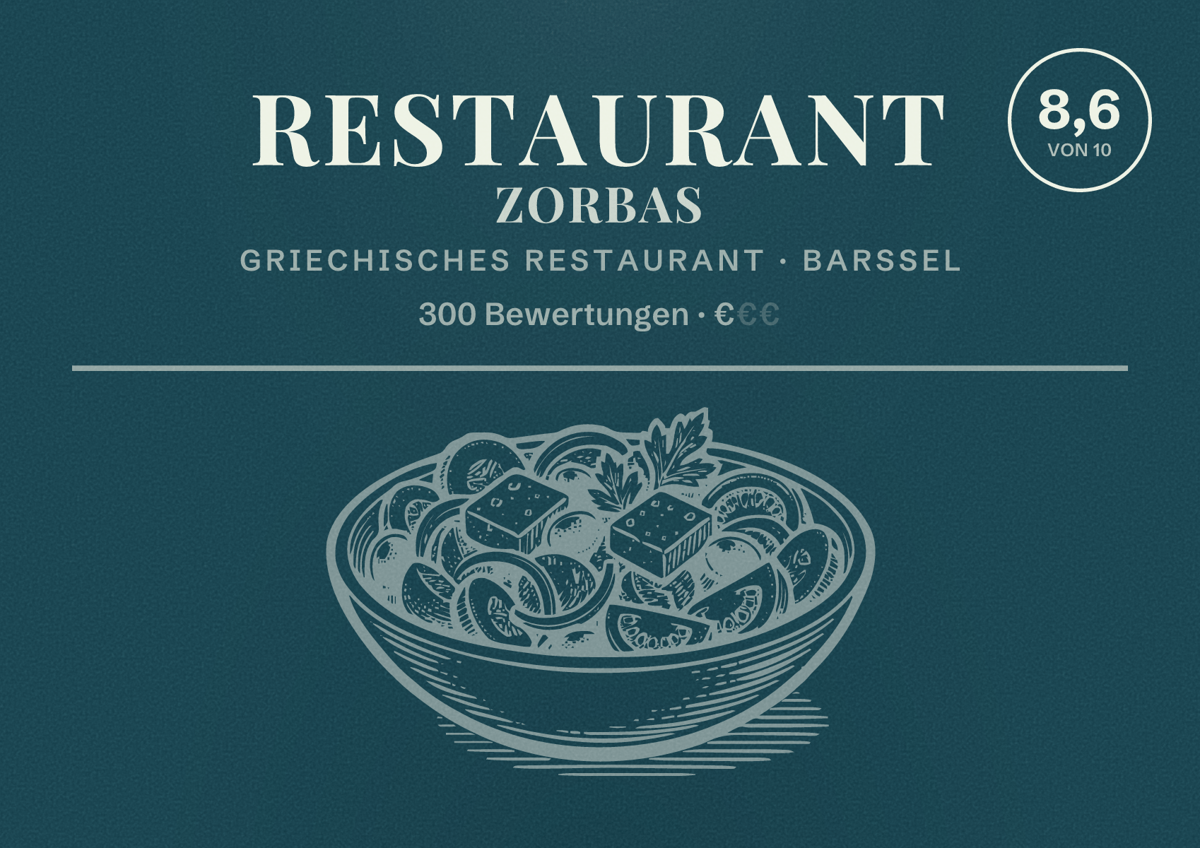 Illustriertes Poster von Restaurant Zorbas, Griechisches Restaurant in Barßel: Bewertung 8,6 von 10 aus 300 Bewertungen, Preisniveau €