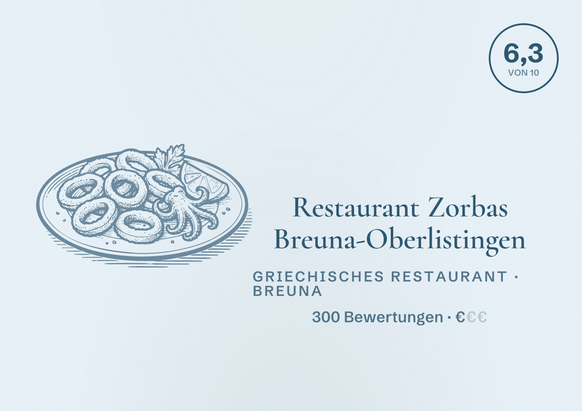 Illustriertes Poster von Restaurant Zorbas Breuna-Oberlistingen, Griechisches Restaurant in Breuna: Bewertung 6,3 von 10 aus 300 Bewertungen, Preisniveau €