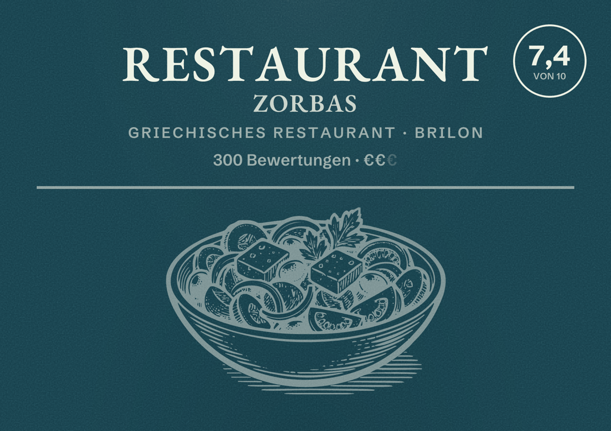 Illustriertes Poster von Restaurant Zorbas, Griechisches Restaurant in Brilon: Bewertung 7,4 von 10 aus 300 Bewertungen, Preisniveau €€