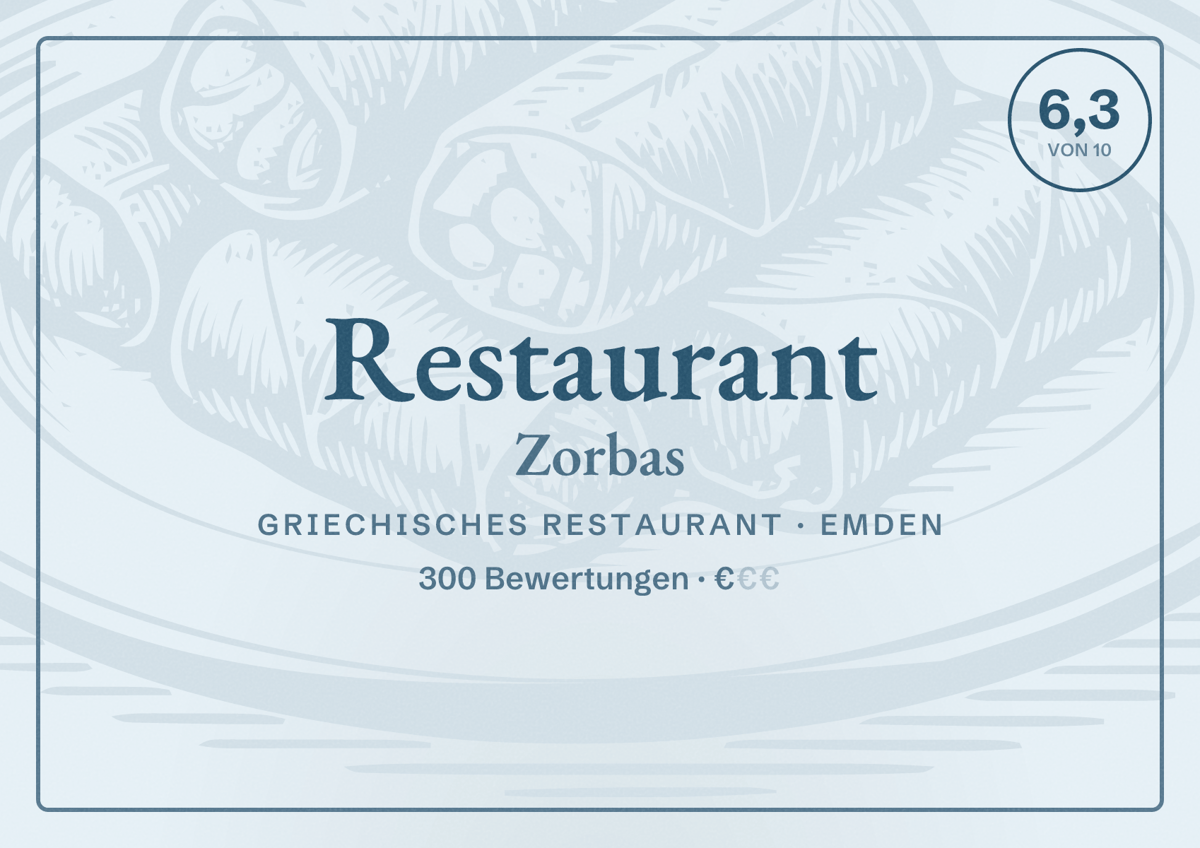Illustriertes Poster von Restaurant Zorbas, Griechisches Restaurant in Emden: Bewertung 6,3 von 10 aus 300 Bewertungen, Preisniveau €
