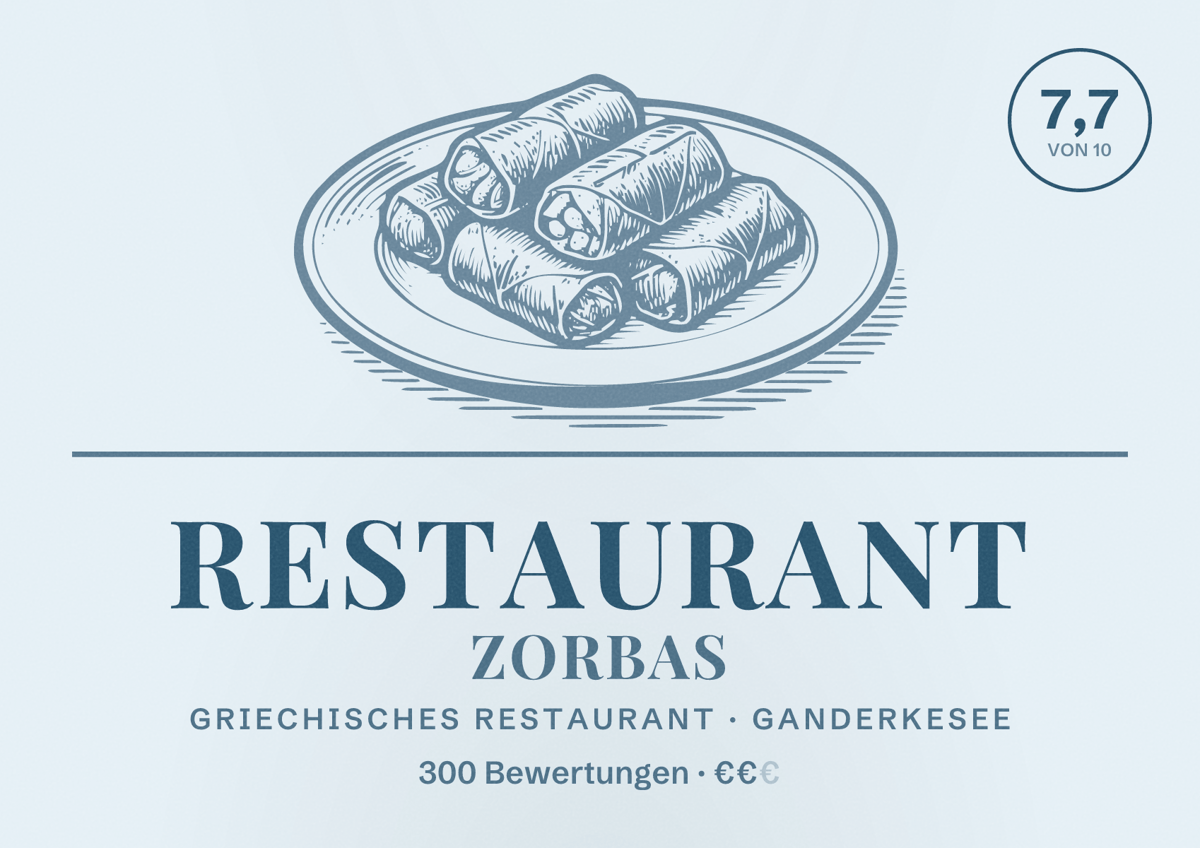 Illustriertes Poster von Restaurant Zorbas, Griechisches Restaurant in Ganderkesee: Bewertung 7,7 von 10 aus 300 Bewertungen, Preisniveau €€