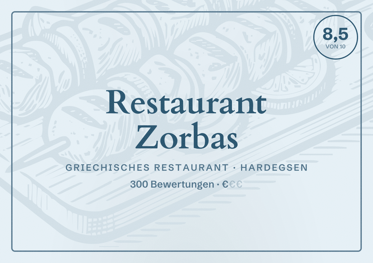 Illustriertes Poster von Restaurant Zorbas, Griechisches Restaurant in Hardegsen: Bewertung 8,5 von 10 aus 300 Bewertungen, Preisniveau €