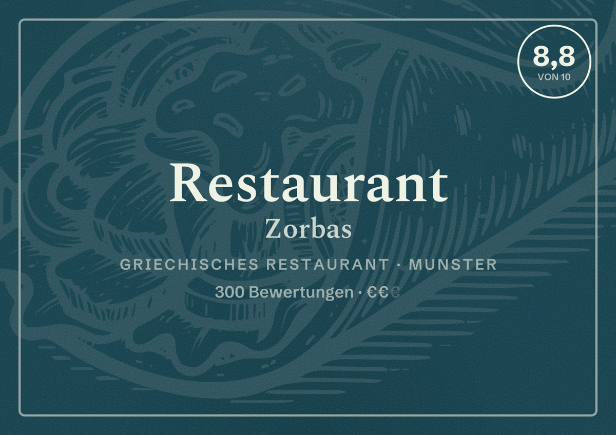 Illustriertes Poster von Restaurant Zorbas, Griechisches Restaurant in Munster: Bewertung 8,8 von 10 aus 300 Bewertungen, Preisniveau €€