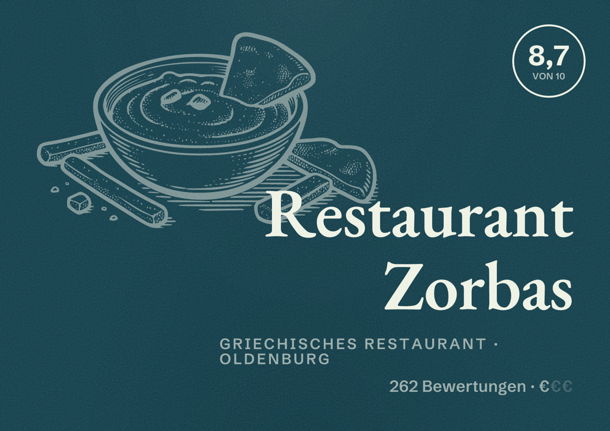 Illustriertes Poster von Restaurant Zorbas, Griechisches Restaurant in Oldenburg: Bewertung 8,7 von 10 aus 262 Bewertungen, Preisniveau €
