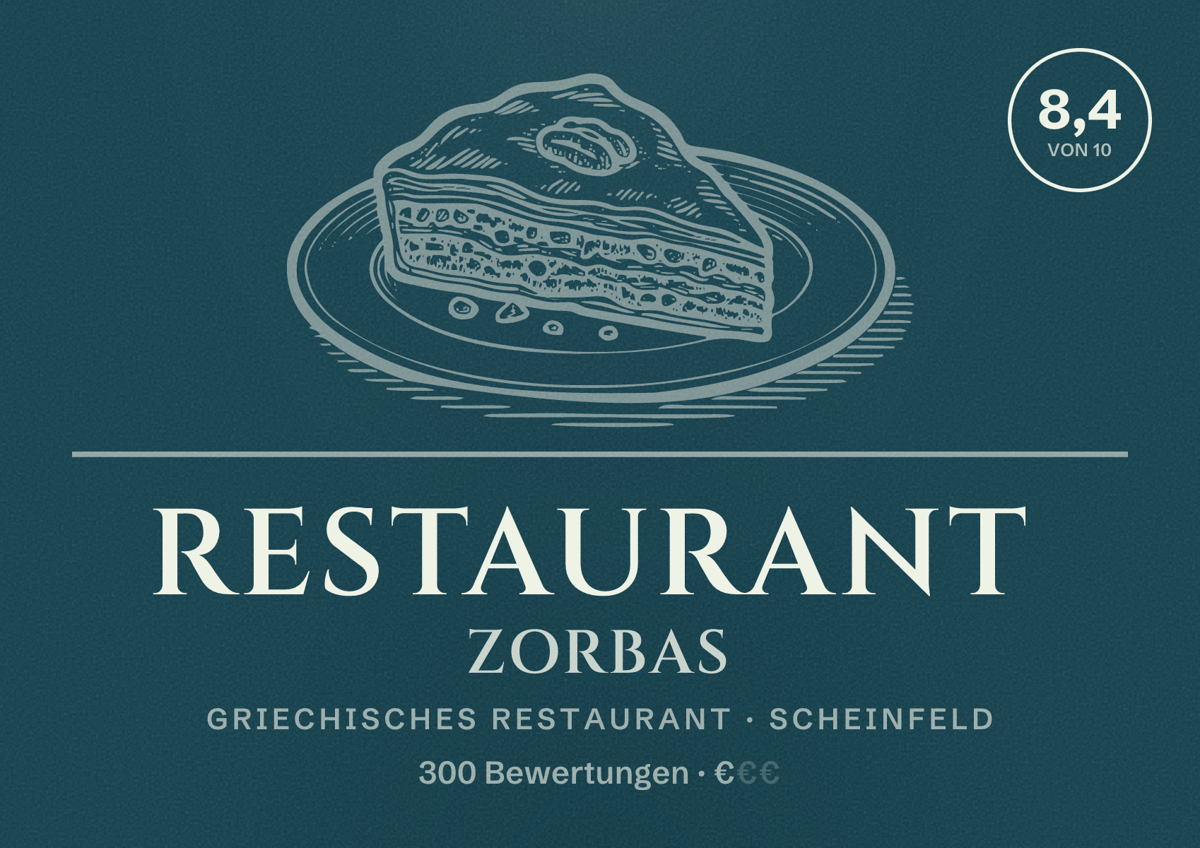 Illustriertes Poster von Restaurant Zorbas, Griechisches Restaurant in Scheinfeld: Bewertung 8,4 von 10 aus 300 Bewertungen, Preisniveau €