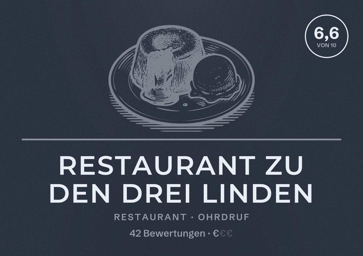 Illustriertes Poster von Restaurant Zu den drei Linden, Restaurant in Ohrdruf: Bewertung 6,6 von 10 aus 42 Bewertungen, Preisniveau €