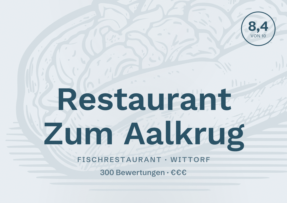 Illustriertes Poster von Restaurant Zum Aalkrug, Fischrestaurant in Wittorf: Bewertung 8,4 von 10 aus 300 Bewertungen, Preisniveau €€€