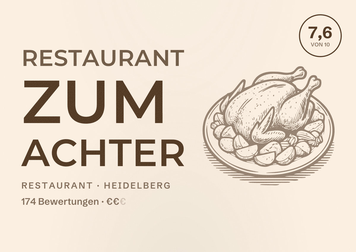 Illustriertes Poster von Restaurant Zum Achter, Restaurant in Heidelberg: Bewertung 7,6 von 10 aus 174 Bewertungen, Preisniveau €€