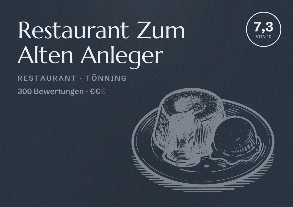 Illustriertes Poster von Restaurant Zum Alten Anleger, Restaurant in Tönning: Bewertung 7,3 von 10 aus 300 Bewertungen, Preisniveau €€