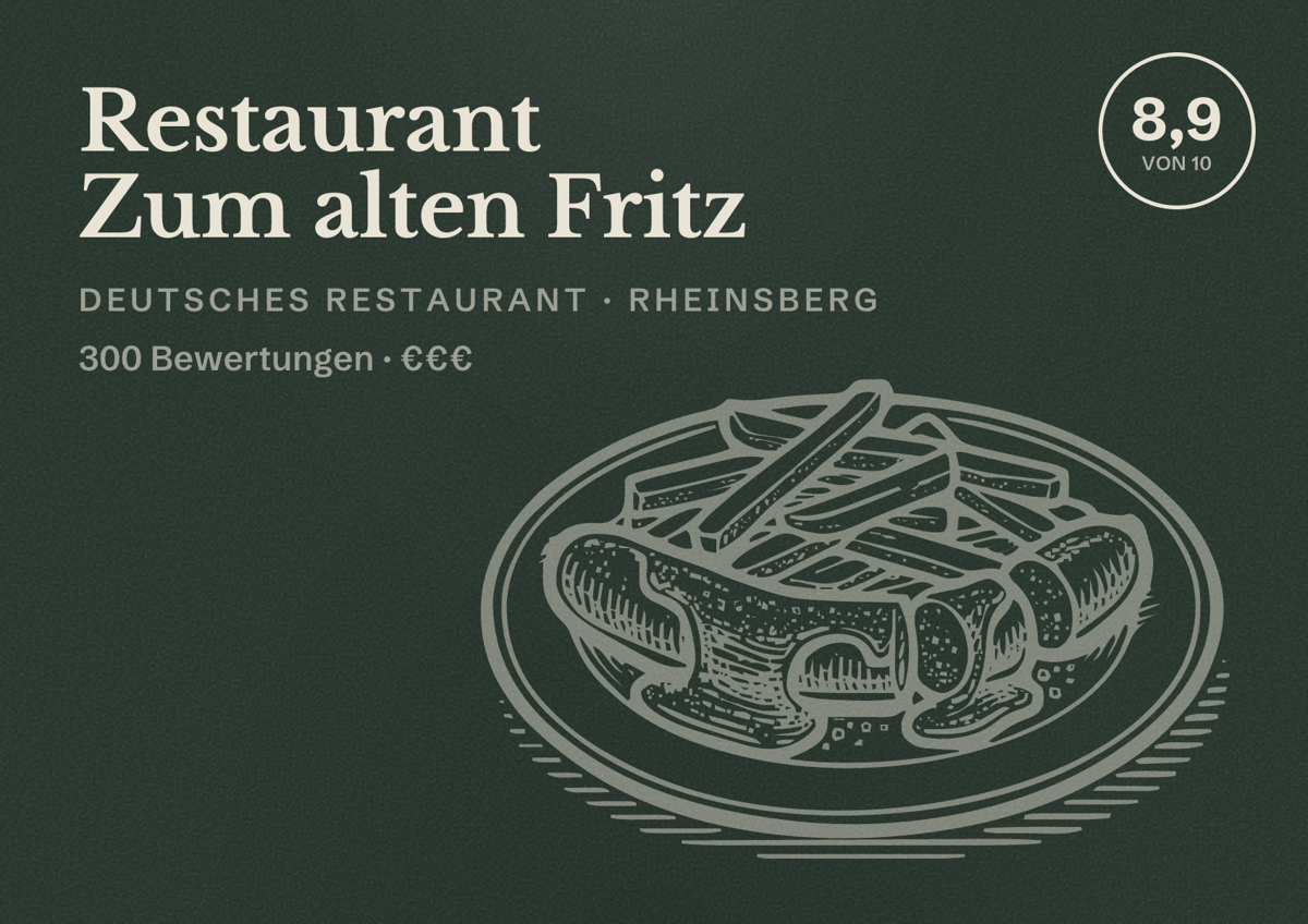Illustriertes Poster von Restaurant Zum alten Fritz, Deutsches Restaurant in Rheinsberg: Bewertung 8,9 von 10 aus 300 Bewertungen, Preisniveau €€€