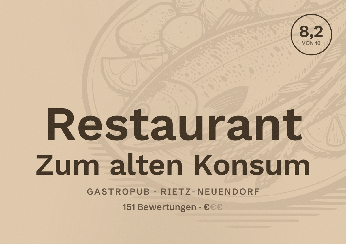 Illustriertes Poster von Restaurant Zum alten Konsum, Gastropub in Rietz-Neuendorf: Bewertung 8,2 von 10 aus 151 Bewertungen, Preisniveau €