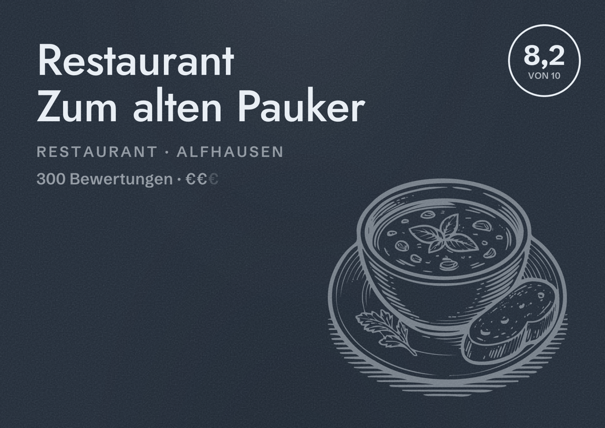 Illustriertes Poster von Restaurant Zum alten Pauker, Restaurant in Alfhausen: Bewertung 8,2 von 10 aus 300 Bewertungen, Preisniveau €€