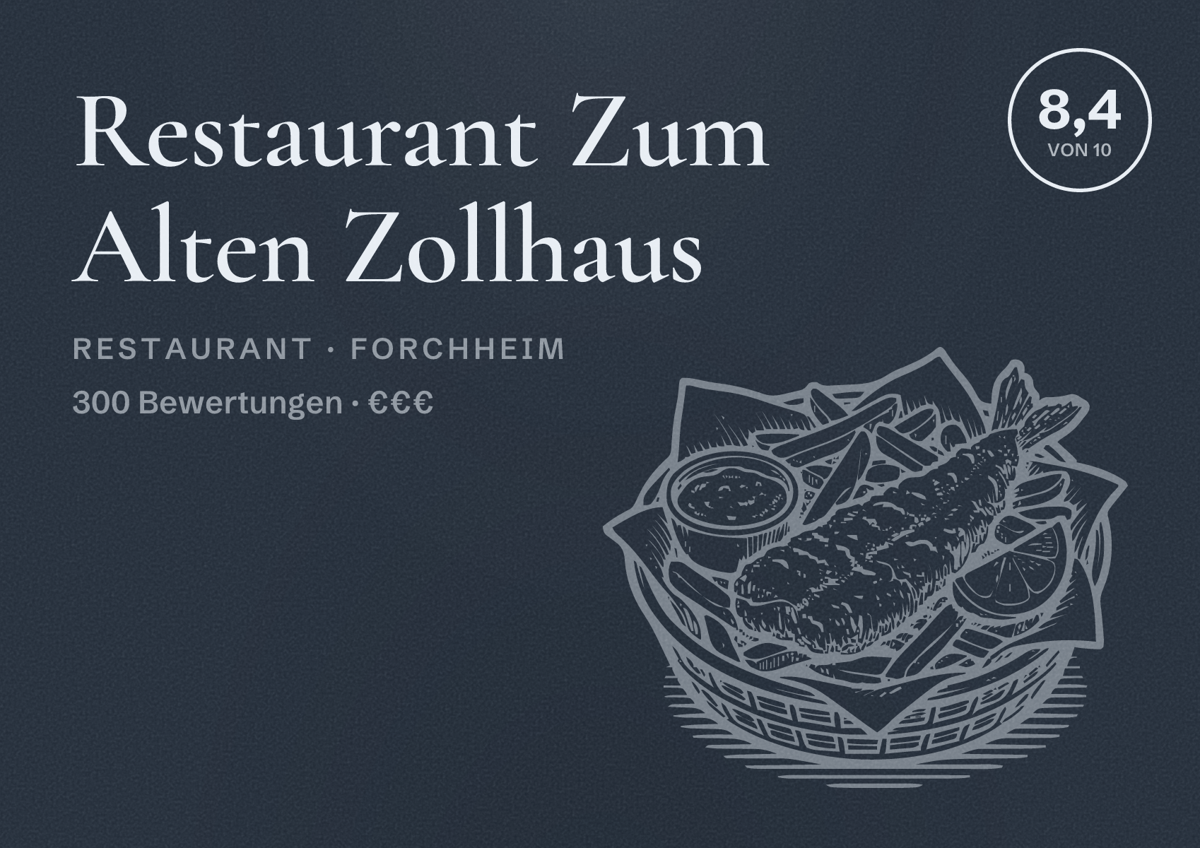 Illustriertes Poster von Restaurant Zum Alten Zollhaus, Restaurant in Forchheim: Bewertung 8,4 von 10 aus 300 Bewertungen, Preisniveau €€€