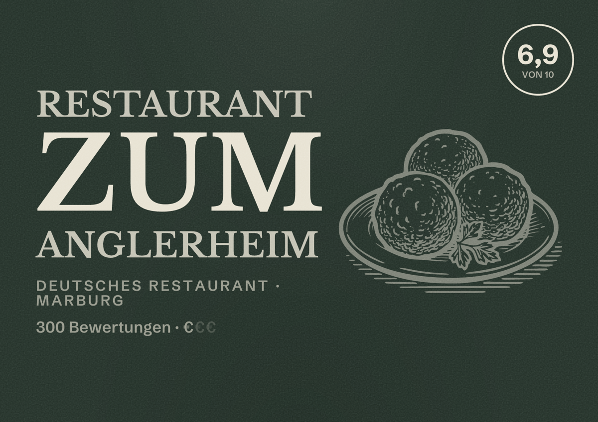 Illustriertes Poster von Restaurant Zum Anglerheim, Deutsches Restaurant in Marburg: Bewertung 6,9 von 10 aus 300 Bewertungen, Preisniveau €