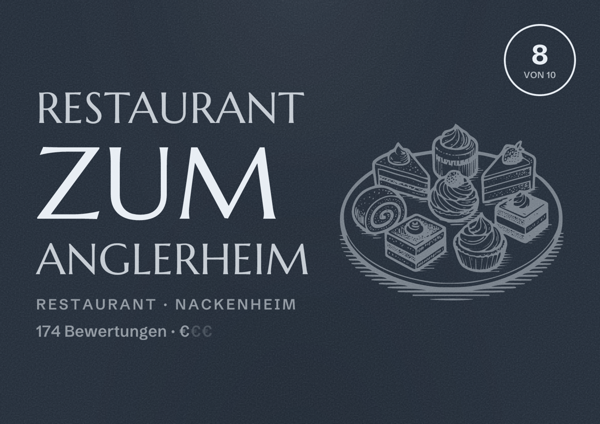Illustriertes Poster von Restaurant Zum Anglerheim, Restaurant in Nackenheim: Bewertung 8 von 10 aus 174 Bewertungen, Preisniveau €