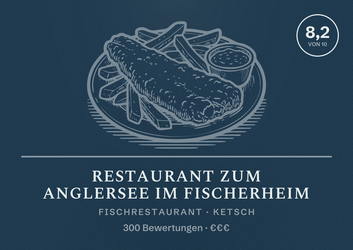 Illustriertes Poster von Restaurant Zum Anglersee im Fischerheim, Fischrestaurant in Ketsch: Bewertung 8,2 von 10 aus 300 Bewertungen, Preisniveau €€€