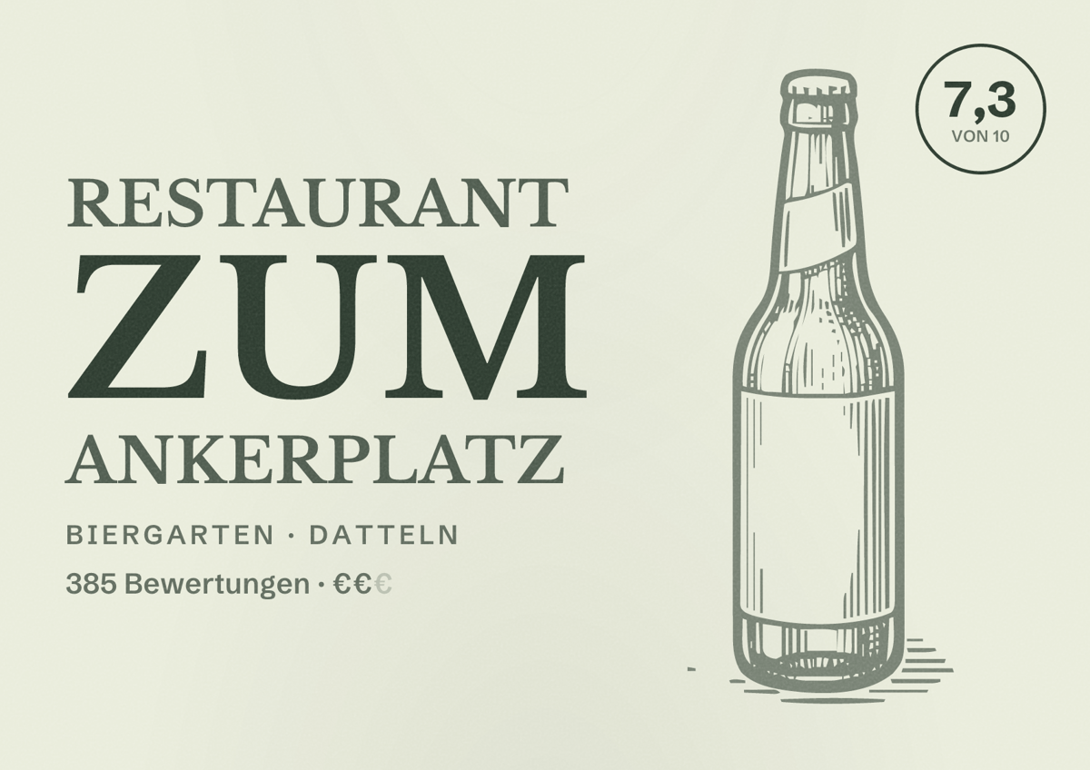 Illustriertes Poster von Restaurant Zum Ankerplatz, Biergarten in Datteln: Bewertung 7,3 von 10 aus 385 Bewertungen, Preisniveau €€