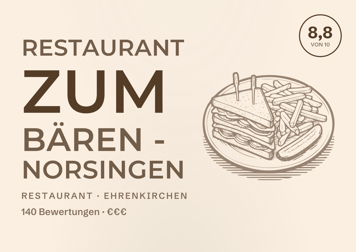 Illustriertes Poster von Restaurant Zum Bären - Norsingen, Restaurant in Ehrenkirchen: Bewertung 8,8 von 10 aus 140 Bewertungen, Preisniveau €€€