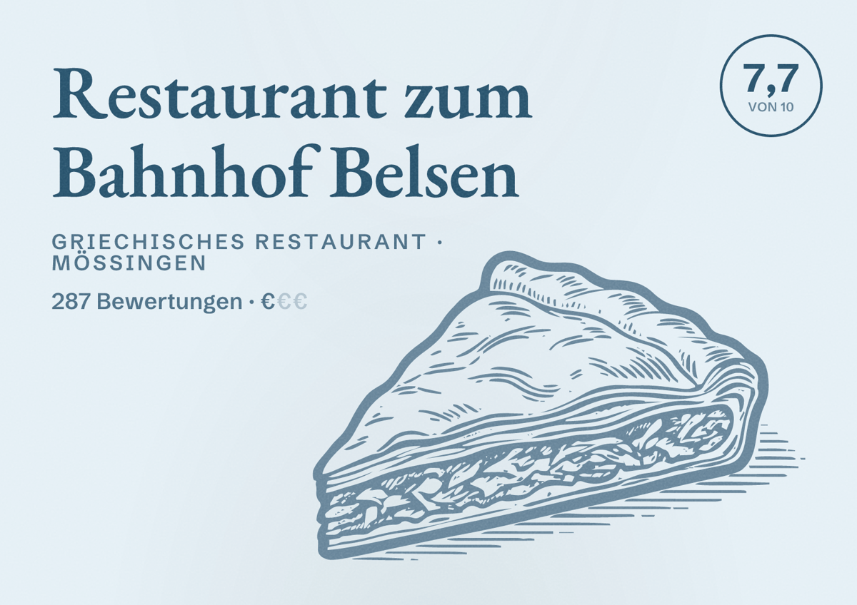 Illustriertes Poster von Restaurant zum Bahnhof Belsen, Griechisches Restaurant in Mössingen: Bewertung 7,7 von 10 aus 287 Bewertungen, Preisniveau €