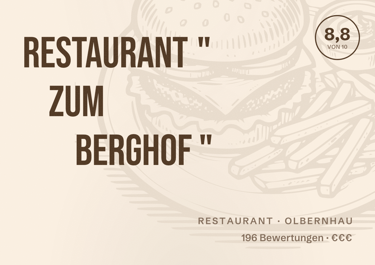 Illustriertes Poster von Restaurant " Zum Berghof ", Restaurant in Olbernhau: Bewertung 8,8 von 10 aus 196 Bewertungen, Preisniveau €€€
