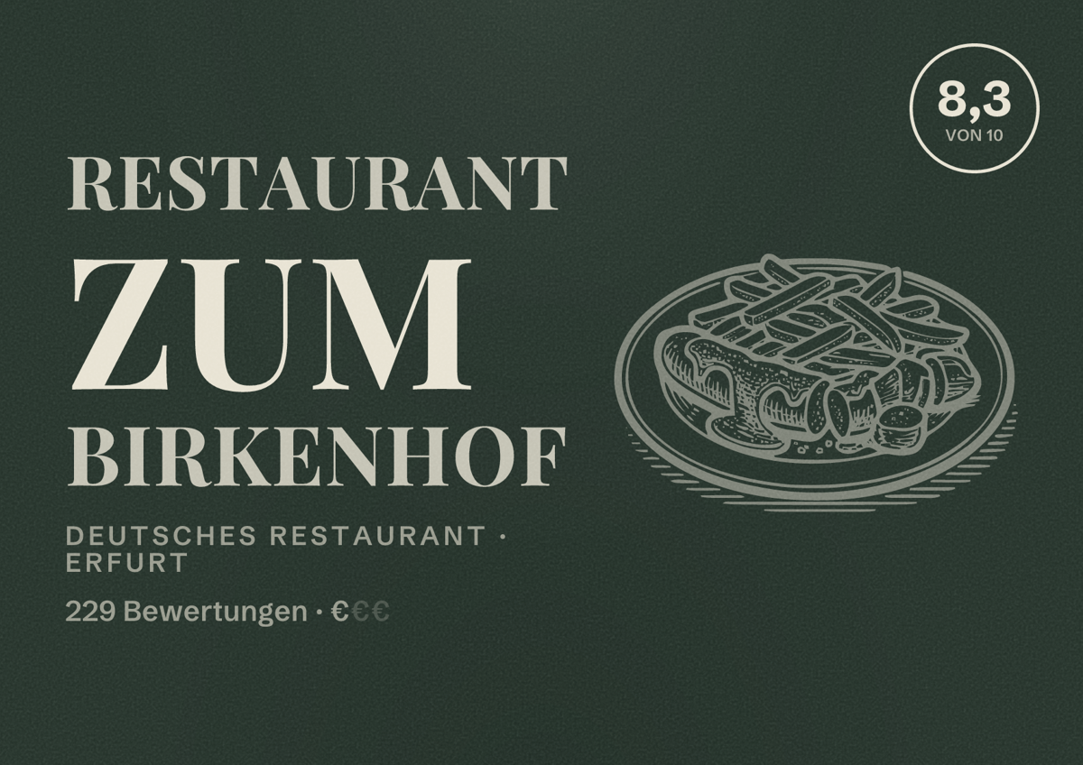 Illustriertes Poster von Restaurant Zum Birkenhof, Deutsches Restaurant in Erfurt: Bewertung 8,3 von 10 aus 229 Bewertungen, Preisniveau €