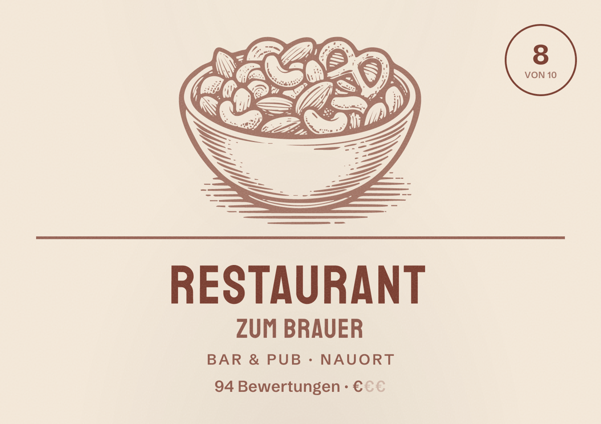 Illustriertes Poster von Restaurant zum Brauer, Bar & Pub in Nauort: Bewertung 8 von 10 aus 94 Bewertungen, Preisniveau €