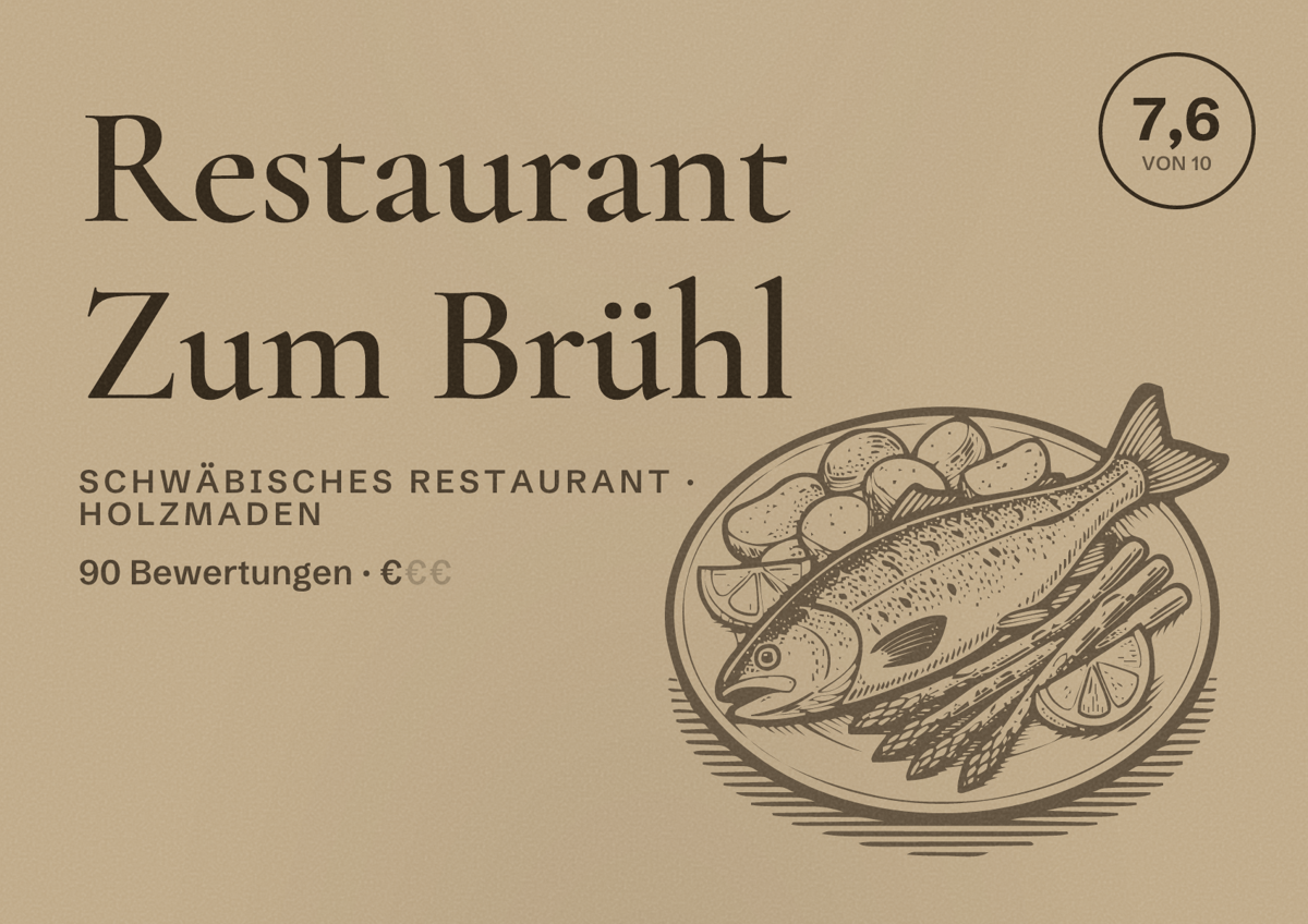 Illustriertes Poster von Restaurant Zum Brühl, Schwäbisches Restaurant in Holzmaden: Bewertung 7,6 von 10 aus 90 Bewertungen, Preisniveau €