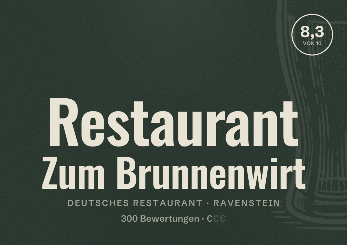 Illustriertes Poster von Restaurant Zum Brunnenwirt, Deutsches Restaurant in Ravenstein: Bewertung 8,3 von 10 aus 300 Bewertungen, Preisniveau €