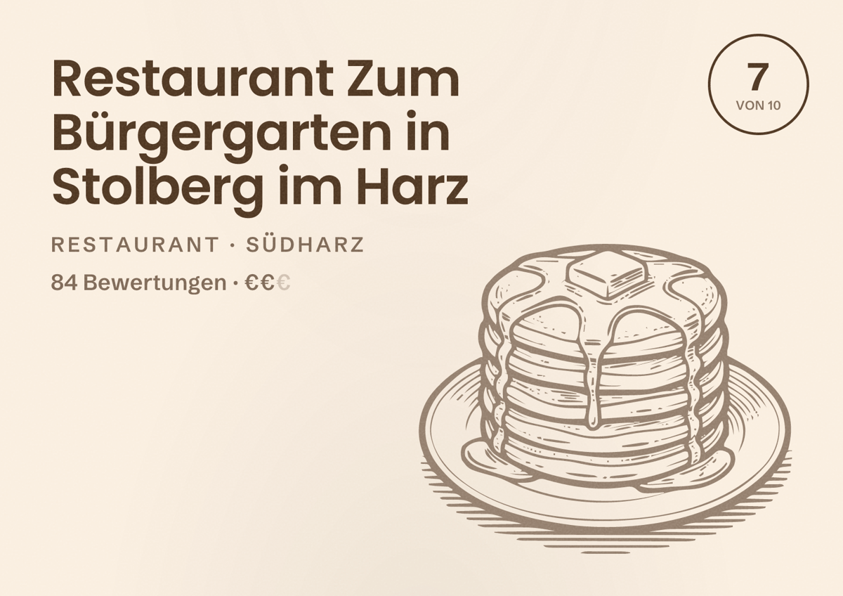 Illustriertes Poster von Restaurant Zum Bürgergarten in Stolberg im Harz, Restaurant in Südharz: Bewertung 7 von 10 aus 84 Bewertungen, Preisniveau €€
