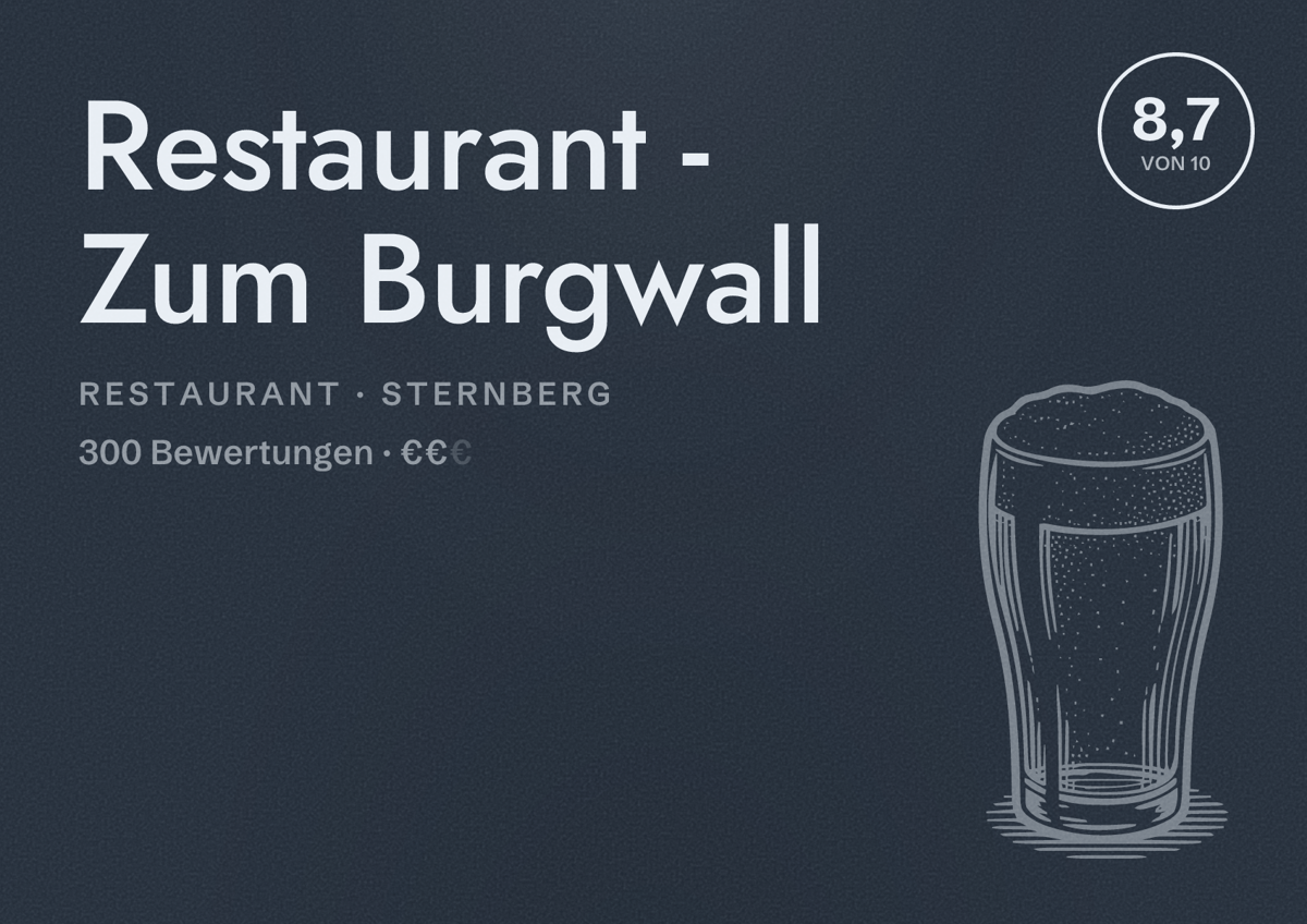 Illustriertes Poster von Restaurant - Zum Burgwall, Restaurant in Sternberg: Bewertung 8,7 von 10 aus 300 Bewertungen, Preisniveau €€