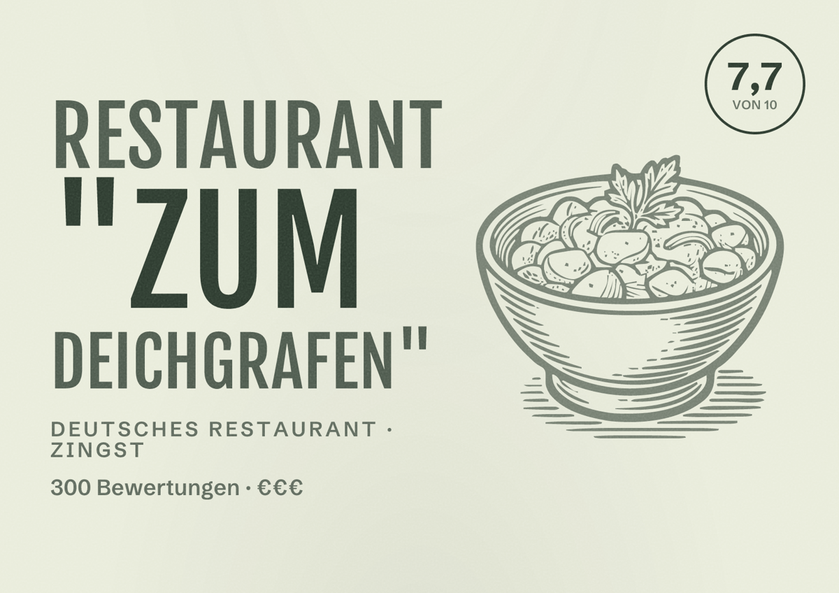 Illustriertes Poster von Restaurant "Zum Deichgrafen", Deutsches Restaurant in Zingst: Bewertung 7,7 von 10 aus 300 Bewertungen, Preisniveau €€€