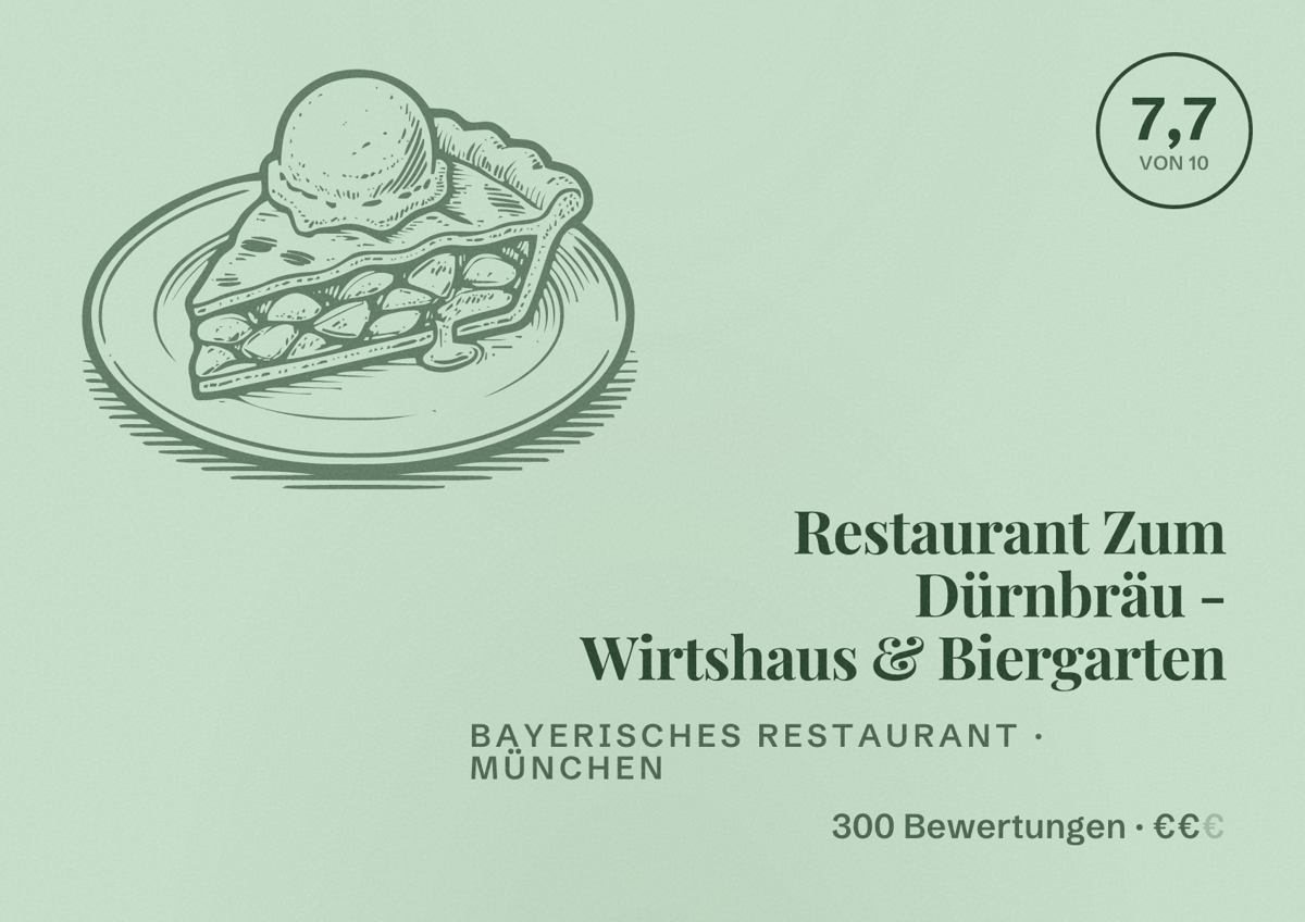 Illustriertes Poster von Restaurant Zum Dürnbräu - Wirtshaus & Biergarten, Bayerisches Restaurant in München: Bewertung 7,7 von 10 aus 300 Bewertungen, Preisniveau €€