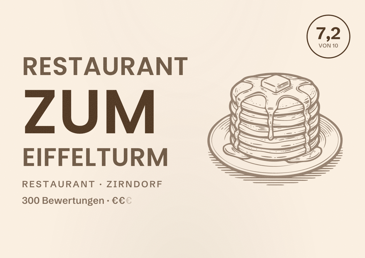 Illustriertes Poster von Restaurant Zum Eiffelturm, Restaurant in Zirndorf: Bewertung 7,2 von 10 aus 300 Bewertungen, Preisniveau €€