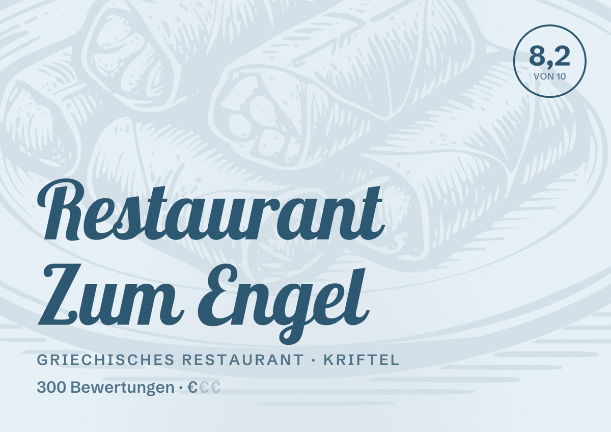 Illustriertes Poster von Restaurant Zum Engel, Griechisches Restaurant in Kriftel: Bewertung 8,2 von 10 aus 300 Bewertungen, Preisniveau €
