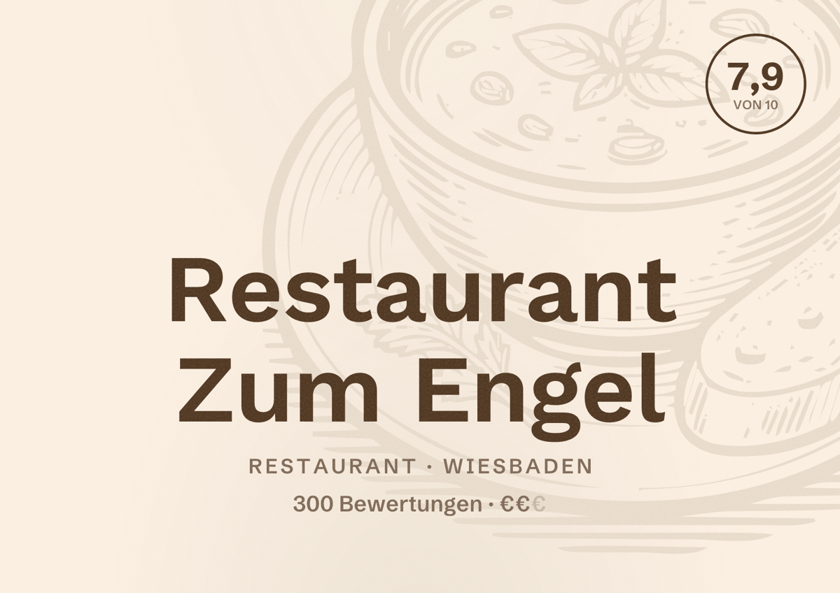 Illustriertes Poster von Restaurant Zum Engel, Restaurant in Wiesbaden: Bewertung 7,9 von 10 aus 300 Bewertungen, Preisniveau €€